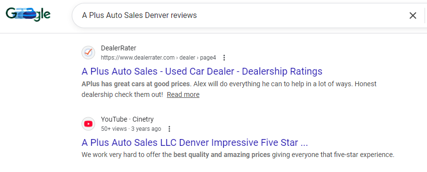 Google search results for "A Plus Auto Sales Denver reviews"